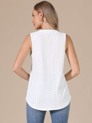 Eyelet Sleeveless Notch Neck Loose Fit Casual Tank Top