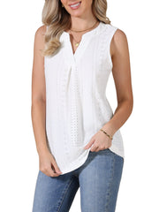 Eyelet Sleeveless Notch Neck Loose Fit Casual Tank Top