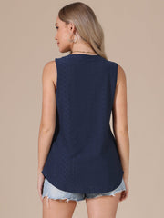 Eyelet Sleeveless Notch Neck Loose Fit Casual Tank Top