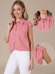 Gingham Cap Sleeves Button Down Blouse