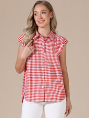 Gingham Cap Sleeves Button Down Blouse