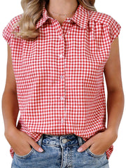 Gingham Cap Sleeves Button Down Blouse