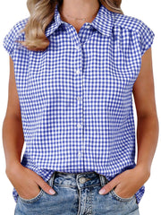 Gingham Cap Sleeves Button Down Blouse