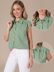 Gingham Cap Sleeves Button Down Blouse