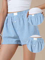 Gingham Buttons Comfy Breathable Beach Casual Shorts