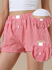 Gingham Buttons Comfy Breathable Beach Casual Shorts