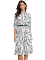 Boat Neck 3/4 Sleeve Belted Business Casual A-Line Dress