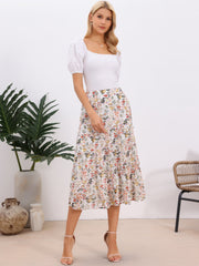 Chiffon Floral Printed Long Tiered Ruffle Boho Midi Skirt