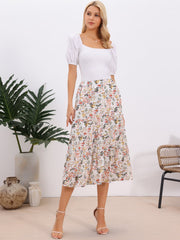 Chiffon Floral Printed Long Tiered Ruffle Boho Midi Skirt
