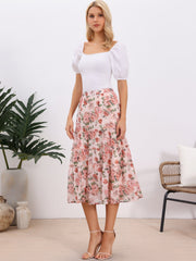 Chiffon Floral Printed Long Tiered Ruffle Boho Midi Skirt