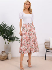 Chiffon Floral Printed Long Tiered Ruffle Boho Midi Skirt