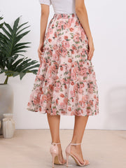 Chiffon Floral Printed Long Tiered Ruffle Boho Midi Skirt