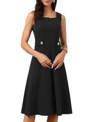 Square Neck Sleeveless Office Formal Work A-Line Dress