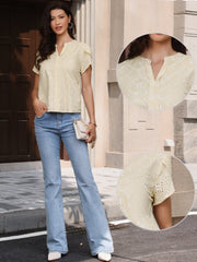 Boho Eyelet Notch Neck Petal Sleeve Cotton Blouse