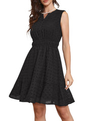 Sleeveless Notch Neck Eyelet Hollow Out A Line Mini Dress