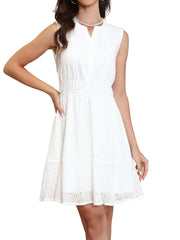 Sleeveless Notch Neck Eyelet Hollow Out A Line Mini Dress
