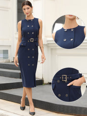 Double Breasted Pocketed Sleeveless Business Belted Sheath Dress
