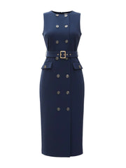 Double Breasted Pocketed Sleeveless Business Belted Sheath Dress