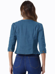 Denim Collarless Pockets 3/4 Sleeve Feminine Style Jacket