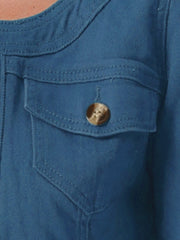 Denim Collarless Pockets 3/4 Sleeve Feminine Style Jacket