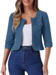 Denim Collarless Pockets 3/4 Sleeve Feminine Style Jacket