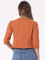 Denim Collarless Pockets 3/4 Sleeve Feminine Style Jacket