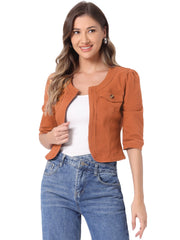 Denim Collarless Pockets 3/4 Sleeve Feminine Style Jacket