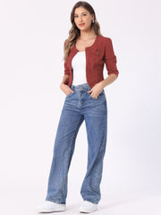 Denim Collarless Pockets 3/4 Sleeve Feminine Style Jacket