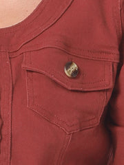 Denim Collarless Pockets 3/4 Sleeve Feminine Style Jacket