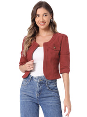 Denim Collarless Pockets 3/4 Sleeve Feminine Style Jacket