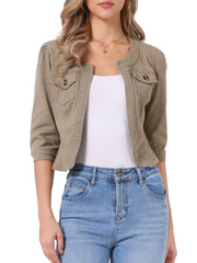 Denim Collarless Pockets 3/4 Sleeve Feminine Style Jacket