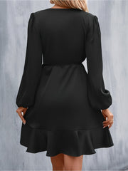 V Neck Satin Puff Long Sleeves Wrap Dress