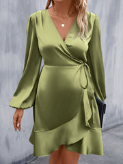 V Neck Satin Puff Long Sleeves Wrap Dress