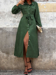 Collared Button Down Long Sleeves Midi Shirt Dress