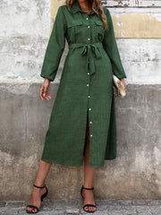 Collared Button Down Long Sleeves Midi Shirt Dress