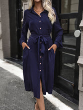 Collared Long Sleeves Pockets Midi Shirt Dress