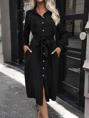 Collared Long Sleeves Pockets Midi Shirt Dress