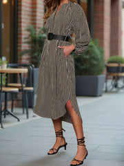 Striped Notch Neck Long Sleeves Belted Pockets Dress