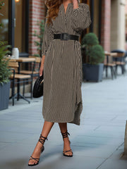 Striped Notch Neck Long Sleeves Belted Pockets Dress