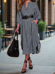 Striped Notch Neck Long Sleeves Belted Pockets Dress
