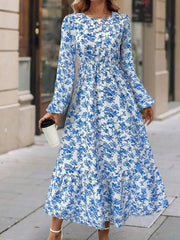 Floral Round Neck Puff Long Sleeve Midi Dress
