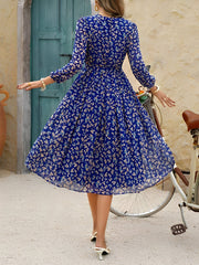 Crew Neck Puff 3/4 Sleeves Floral Midi A-Line Dress