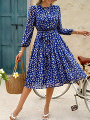 Crew Neck Puff 3/4 Sleeves Floral Midi A-Line Dress