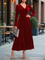 V Neck Long Sleeves Velvet A-Line Maxi Dress