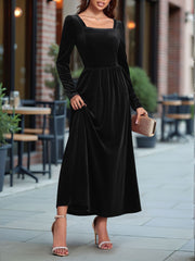 Velvet Backless Square Neck Long Sleeves A-Line Maxi Dress