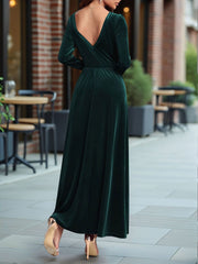 Velvet Backless Square Neck Long Sleeves A-Line Maxi Dress