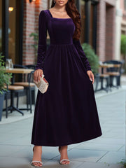 Velvet Backless Square Neck Long Sleeves A-Line Maxi Dress
