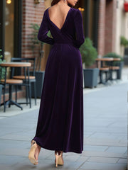 Velvet Backless Square Neck Long Sleeves A-Line Maxi Dress