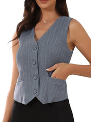 Striped V Neck Sleeveless Button Down Pocketed Fully Lined Waistcoat Vest