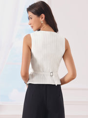 Striped V Neck Sleeveless Button Down Pocketed Fully Lined Waistcoat Vest